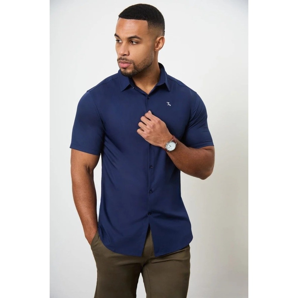 Tailored Athlete Mens Bamboo Short Sleeve Shirt Navy Blue Muscle Fit Large NWT